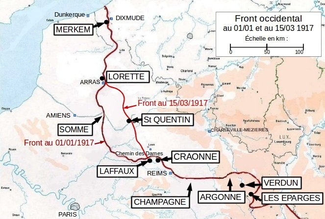 Lieux d'apparition de la chanson de Craonne sur le front occidental